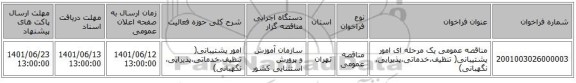 مناقصه، مناقصه عمومی یک مرحله ای امور پشتیبانی( تنظیف،خدماتی،پذیرایی، نگهبانی)