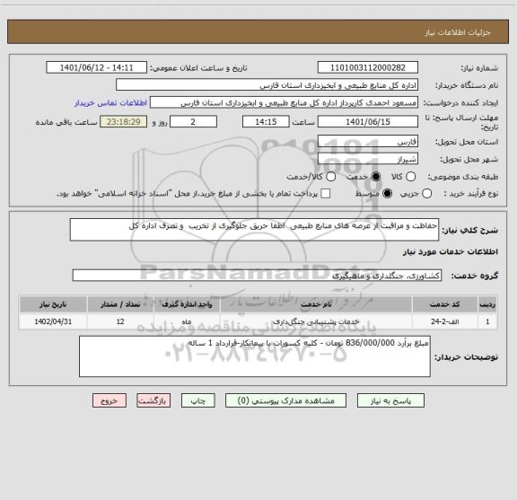 استعلام حفاظت و مراقبت از عرصه های منابع طبیعی  اطفا حریق جلوگیری از تخریب  و تصرف اداره کل