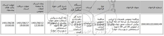 مناقصه، مناقصه عمومی همزمان با ارزیابی (یکپارچه) یک مرحله ای لکه گیری و روکش آسفالت محور خوی-چالدران از کیلومتر 30 الی 39 (حوزه استحفاظی شهرستان خوی)