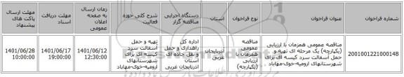 مناقصه، مناقصه عمومی همزمان با ارزیابی (یکپارچه) یک مرحله ای تهیه و حمل آسفالت سرد کیسه ای برای شهرستانهای ارومیه-خوی-مهاباد