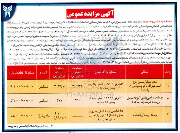 مزایده فروش تعداد 1 قطعه زمین زراعی و 2 باب ساختمان مسکونی