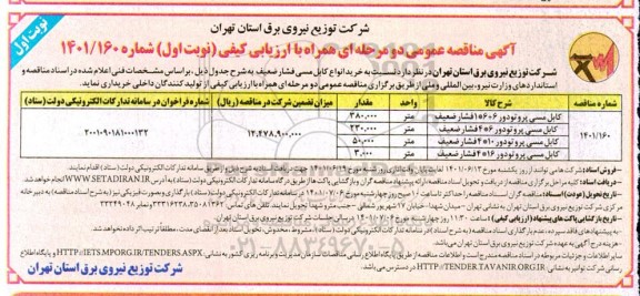 مناقصه خرید انواع کابل مسی فشار ضعیف 