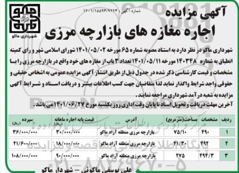 مزایده اجاره مغازه های بازارچه مرزی 