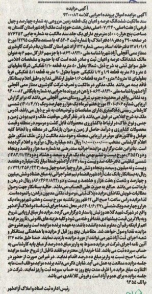 مزایده فروش ششدانگ عرصه و اعیان یک قطعه زمین مزروعی ب