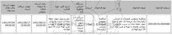 مناقصه، مناقصه عمومی همزمان با ارزیابی (یکپارچه) یک مرحله ای حفر و پمپاژ چهار حلقه چاه آب شرب به روش دورانی همراه با تهیه و نصب لوله جدار 14 اینچ فولادی
