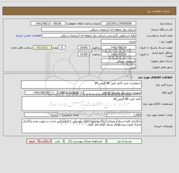 استعلام درخواست خرید کاغذ کپی 80 گرمی a4