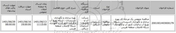 مناقصه، مناقصه عمومی یک مرحله ای بهره برداری و نگهداری تاسیسات ، شبکه توزیع آب و قرائت کنتور آب و نگهداری شبکه فاضلاب منطقه هریس