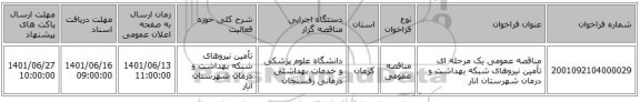 مناقصه، مناقصه عمومی یک مرحله ای تأمین  نیروهای شبکه بهداشت و درمان شهرستان انار