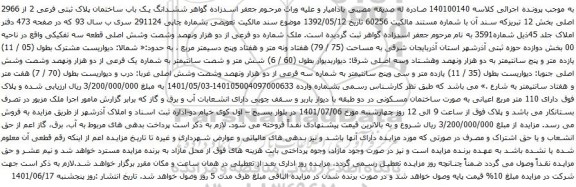 آگهی مزایده  ششدانگ یک باب ساختمان پلاک ثبتی فرعی 2 از 2966 اصلی بخش 12 