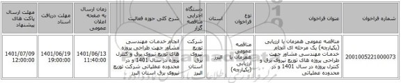 مناقصه، مناقصه عمومی همزمان با ارزیابی (یکپارچه) یک مرحله ای انجام خدمـات مهندسی مشاور جهت طراحی پروژه های توزیع نیروی برق و کنترل پروژه در سال 1401 و در محدوده عملیاتی