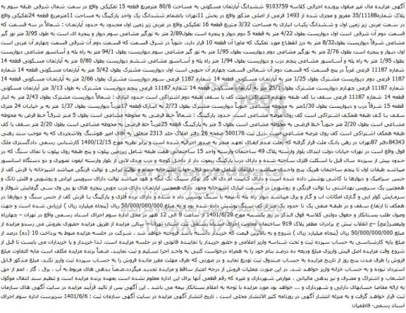 آگهی مزایده ششدانگ آپارتمان مسکونی به مساحت 80/6 مترمربع قطعه 15 تفکیکی