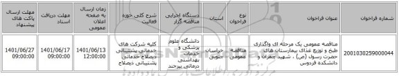 مناقصه، مناقصه عمومی یک مرحله ای واگذاری طبخ و توزیع غذای بیمارستان های حضرت رسول (ص) ، شهید چمران و دانشکده فردوس