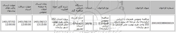 مناقصه، مناقصه عمومی همزمان با ارزیابی (یکپارچه) یک مرحله ای پروژه احداث 252 واحد طرح نهضت ملی مسکن در شهر برازجان