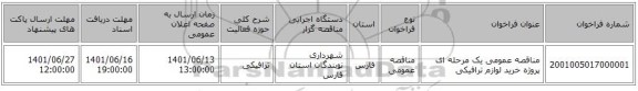 مناقصه، مناقصه عمومی یک مرحله ای پروژه خرید لوازم ترافیکی