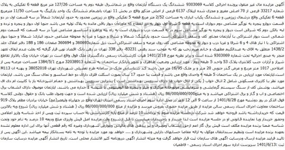 آگهی مزایده ششدانگ یک دستگاه آپارتمان واقع در شماشرق طبقه دوم به مساحت 127/26 متر مربع قطعه 6 تفکیکی