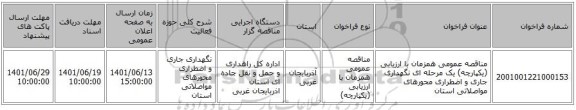 مناقصه، مناقصه عمومی همزمان با ارزیابی (یکپارچه) یک مرحله ای نگهداری جاری و اضطراری محورهای مواصلاتی استان