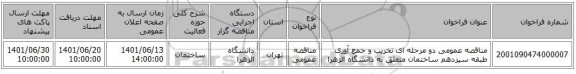 مناقصه، مناقصه عمومی دو مرحله ای تخریب و جمع آوری طبقه سیزدهم ساختمان متعلق به دانشگاه الزهرا