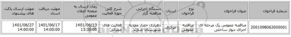 مناقصه، مناقصه عمومی یک مرحله ای اجرای دیوار ساحلی