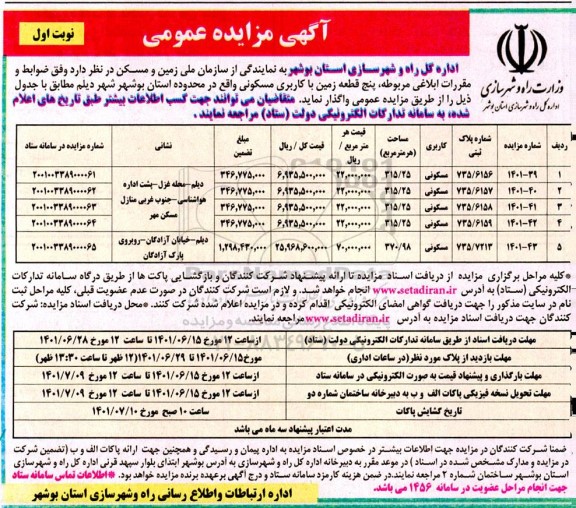 مزایده پنج قطعه زمین با کاربری مسکونی 