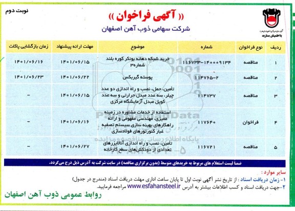 فراخوان مناقصه خريد شبكه دهانه بونكر كوره بلند شماره 3 ... نوبت دوم 