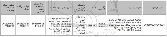 مناقصه، مناقصه عمومی دو مرحله ای تجدید مناقصه دو مرحله ای عمومی تهیه ، طبخ و توزیع غذای بیمارستان حضرت ولیعصر (عج) خرمشهر شماره مناقصه :1043/د /ن/1401