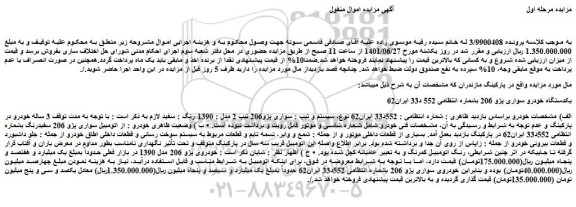 مزایده فروش سواری پژو206 تیپ 2 مدل : 1390 رنگ : سفید