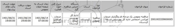 مناقصه، مناقصه عمومی یک مرحله ای واگذاری خدمات اورژانس اجتماعی اداره کل بهزیستی استان کردستان