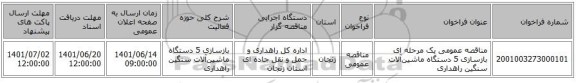 مناقصه، مناقصه عمومی یک مرحله ای بازسازی 5 دستگاه ماشین‌آلات سنگین راهداری