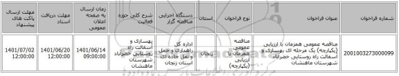 مناقصه، مناقصه عمومی همزمان با ارزیابی (یکپارچه) یک مرحله ای بهسازی و آسفالت راه روستایی خضرآباد شهرستان ماهنشان