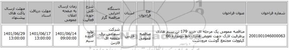 مناقصه، مناقصه عمومی یک مرحله ای خرید 179 تن سیم هادی پرظرفیت لارک جهت تعویض هادی خط دومداره 66 کیلوولت مجتمع گوشت مرودشت