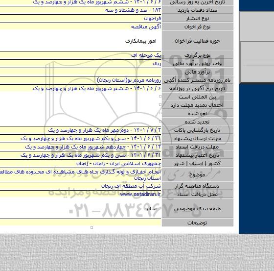 مناقصه, انجام حفاری و لوله گذاری چاه های مشاهده ای محدوده های مطالعاتی واقع در استان زنجان