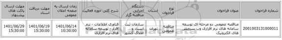 مناقصه، مناقصه عمومی دو مرحله ای توسعه سامانه های نرم افزاری وب سرویس های الکترونیک