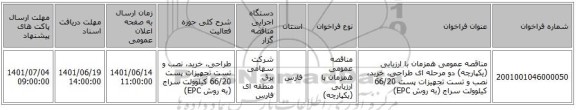 مناقصه، مناقصه عمومی همزمان با ارزیابی (یکپارچه) دو مرحله ای طراحی، خرید، نصب و تست تجهیزات پست 66/20 کیلوولت سراج (به روش EPC)