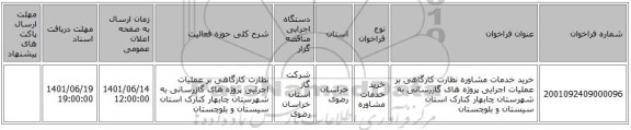 مناقصه، خرید خدمات مشاوره نظارت کارگاهی بر عملیات اجرایی پروژه های گازرسانی به شهرستان چابهار کنارک استان سیستان و بلوچستان