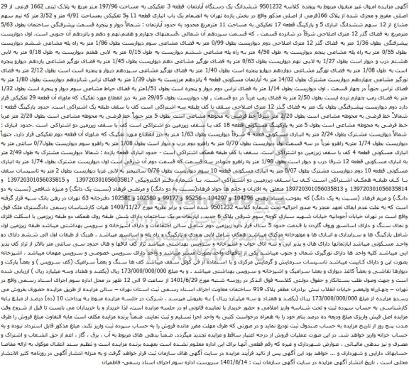 آگهی مزایده ششدانگ یک دستگاه آپارتمان قطعه 3 تفکیکی به مساحت 197/96 متر مربع به پلاک ثبتی 1662 فرعی از 29 اصلی