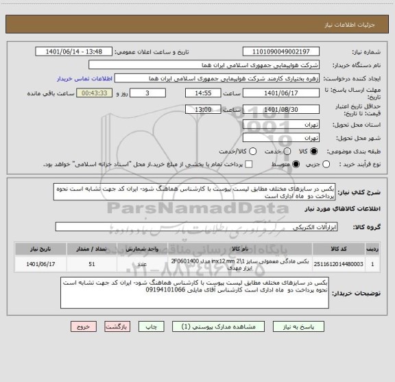 استعلام بکس در سایزهای مختلف مطابق لیست پیوست با کارشناس هماهنگ شود- ایران کد جهت تشابه است نحوه پرداخت دو  ماه اداری است