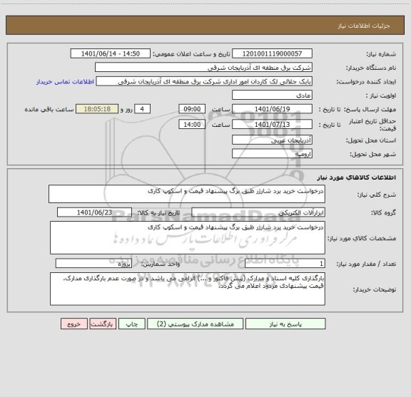 استعلام درخواست خرید برد شارژر ظبق برگ پیشنهاد قیمت و اسکوپ کاری
