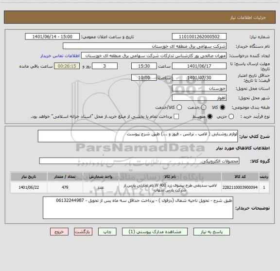 استعلام لوازم روشنایی ( لامپ ، ترانس ، فیوز و ...) طبق شرح پیوست