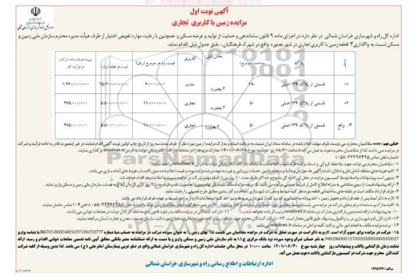 مزایده سه قطعه زمین با کاربری تجاری