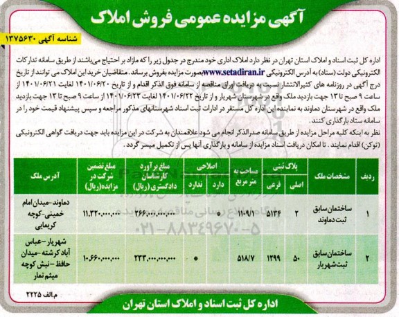 آگهی مزایده فروش املاک