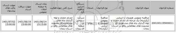 مناقصه، مناقصه عمومی همزمان با ارزیابی (یکپارچه) یک مرحله ای  انجـام حفاری و لوله گـذاری چاه های مشاهـده ای محدوده های مطالعاتی واقع در اسـتان زنجان