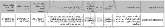 مناقصه، مناقصه عمومی یک مرحله ای واگذاری امانی و اجرای پروژه های فوریت دار( خرید موزائیک)