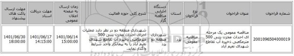 مناقصه، مناقصه عمومی یک مرحله ای احداث مخزن بتنی 500 مترمکعبی ذخیره آب تقاطع شهدای نعیم آباد