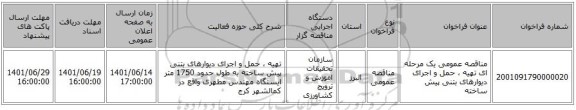مناقصه، مناقصه عمومی یک مرحله ای تهیه ، حمل و اجرای دیوارهای بتنی پیش ساخته