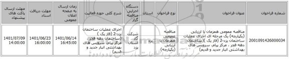 مناقصه، مناقصه عمومی همزمان با ارزیابی (یکپارچه) یک مرحله ای اجرای عملیات ساختمان یزد-2 (فاز یک )(ساختمان دهه فجر ، مرکز پیام، سرویس های بهداشتی انبار جدید و قدیم)