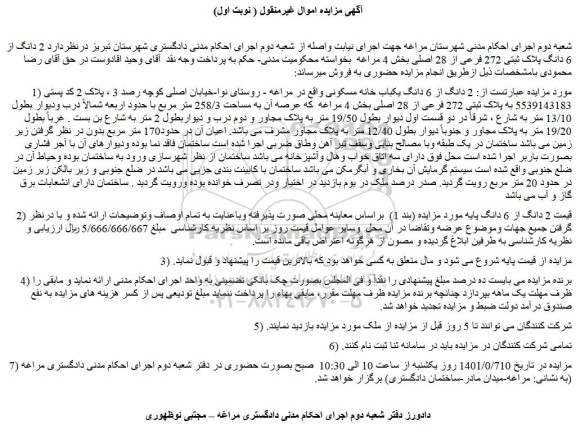 مزایده فروش 2 دانگ از 6 دانگ یکباب خانه مسکونی 