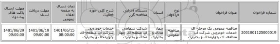 مناقصه، مناقصه عمومی یک مرحله ای خدمات خودرویی شرکت آب منطقه¬ای چهارمحال و بختیاری