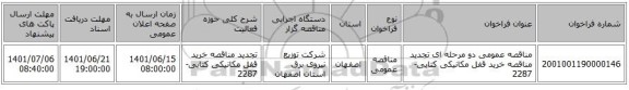 مناقصه، مناقصه عمومی دو مرحله ای تجدید مناقصه خرید قفل مکانیکی کتابی-2287