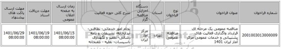 مناقصه، مناقصه عمومی یک مرحله ای قرارداد واگذاری فعالیت های پشتیبانی و خدمات عمومی مرکز آمار ایران 1401