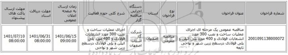 مناقصه، مناقصه عمومی یک مرحله ای اجرای عملیات ساخت و نصب 300 مورد انشعابات فولادی و 400 مورد پلی اتیلن و پلی فولادی درسطح زرین شهر و نواحی تابعه